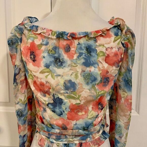 VICI x Fate Blue Pink Floral Cropped Ruffle Wrap Top Small New - Picture 7 of 12